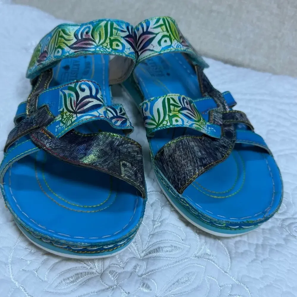L'Artiste Women's Blue 9 Spring Step Caiman Leather Slide Comfort Sandals Shoes